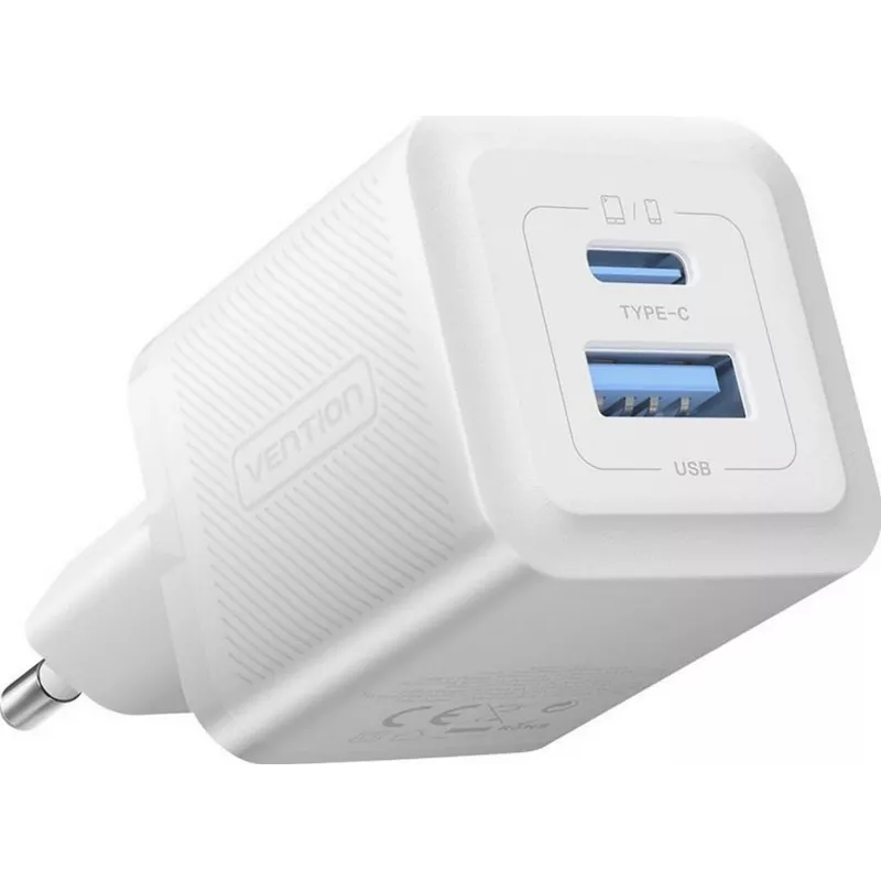 Vention 30W – įkroviklis su GaN technologija, 1x USB-A, 1x USB-C (baltas)