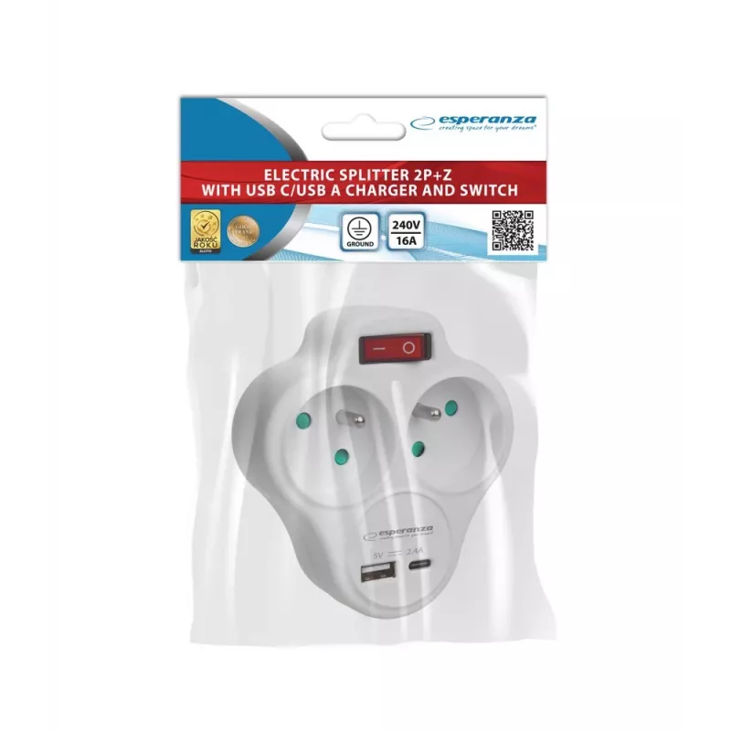 Esperanza ELK311W Elektros skirstytuvas 2 GN. USB-C USB-A ĮJUNGTA. Baltas