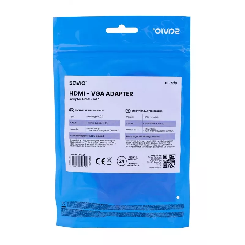 Savio CL-27B vaizdo kabelio adapteris 0,1 m HDMI A tipas (standartinis) VGA (D-Sub) Baltas