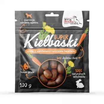 SYTA MICHA Puikios dešrelės su triušiena, morka ir kiaulpiene – šunų skanėstas – 100g