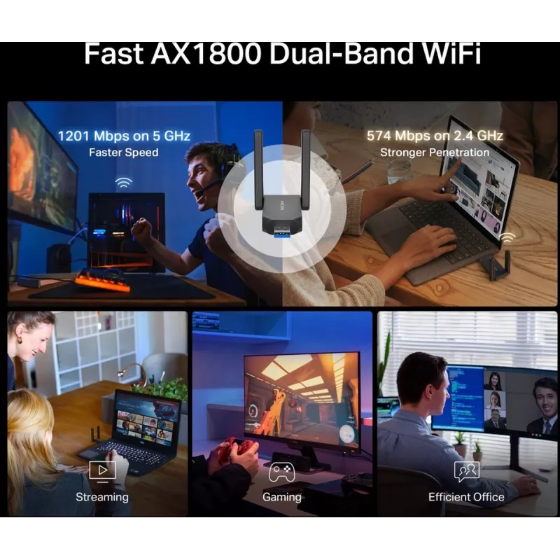 Wi‑Fi USB adapteris MERCUSYS MA72XH AX1800 su aukšto stiprinimo antenomis, USB-A plug-and-play