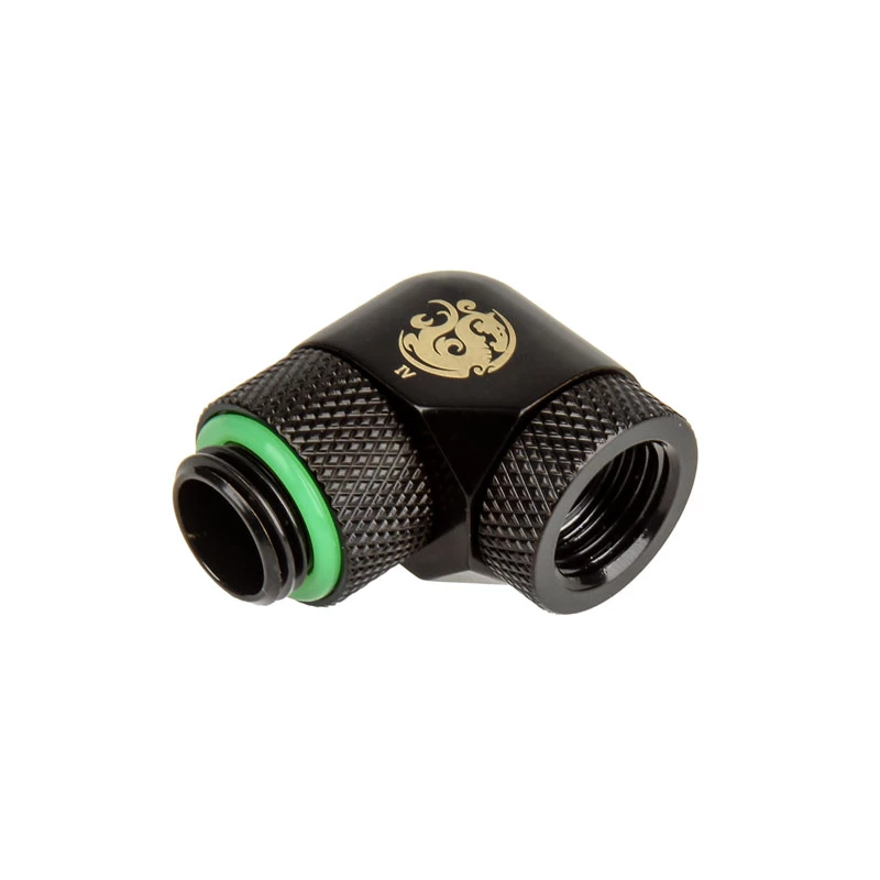 Adapteris 90° BitsPower BP-MB90R2LD G1/4 colio vyras į G1/4 colio moterį, 2x sukamos jungtys