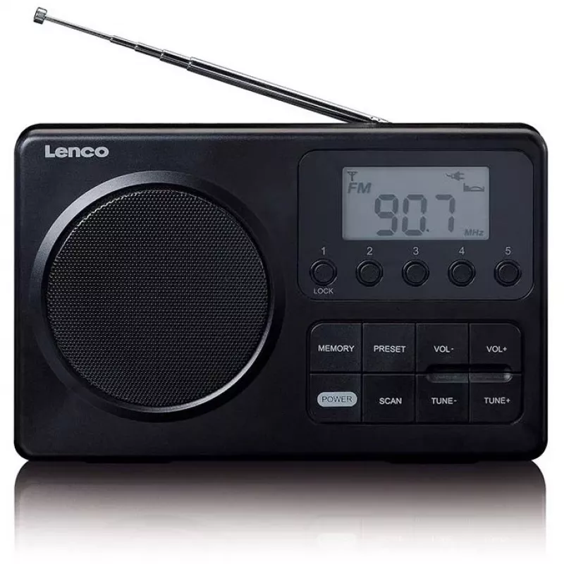 Nešiojamas radijas Lenco MPR-035BK – FM/AM, maitinimas iš tinklo arba baterijų, 2,5 colio LCD, 20 FM išankstinių nustatymų, 3,5 mm išėjimas