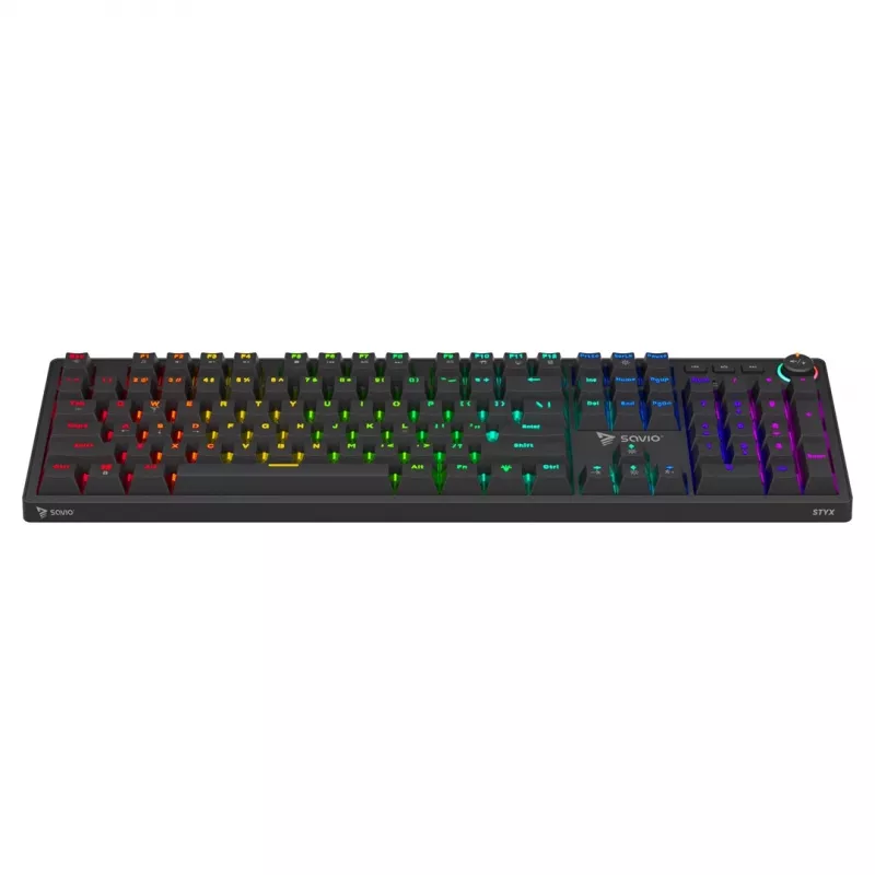 Žaidimų klaviatūra SAVIO STYX BROWN – mechaninė su Outemu Brown jungikliais, QZERTY US International, RGB, USB, pilno dydžio 104 klavišai, juoda