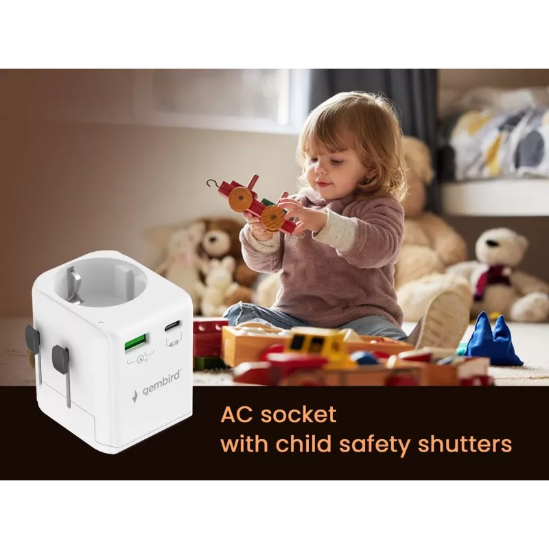 Kelioninis maitinimo adapteris GEMBIRD TPA-EU1A1C20-01-W 20W, USB-A 18W + USB-C 20W, Schuko kištukas, įėjimas 100–250V