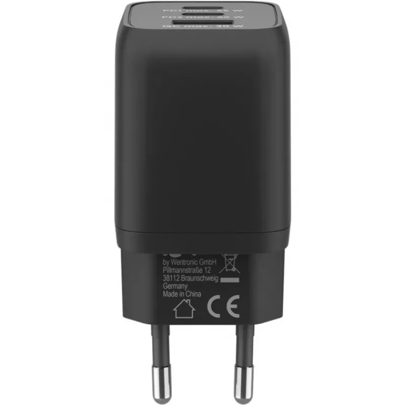 USB-C greitasis įkroviklis Nano, PD, GaN, 65 W, USB-C pintas laidas (juodas, 1x USB-A, 2x USB-C PD, Quick Charge 3.0, 1 m laidas)