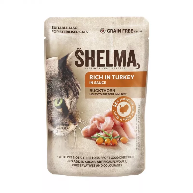 Šlapias kačių ėdalas SHELMA multipack 4×85 g – suaugusioms katėms, vištiena, kalakutiena, jautiena, antis, be grūdų