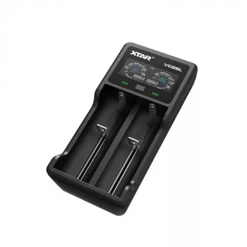 Įkroviklis baterijoms XTAR VC2SL — USB 5V 1A, LCD, įkrauna 2 elementus, tinka Li‑Ion/NiMH/NiCd, dydžiai A/AA/AAA/AAAA/C/D/SC, juodas