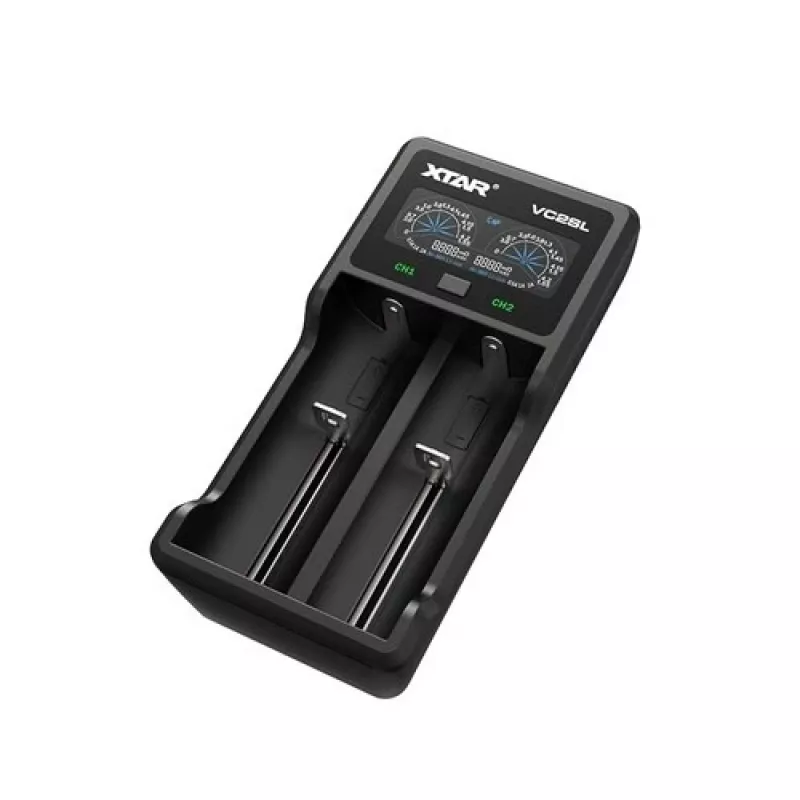 Įkroviklis baterijoms XTAR VC2SL — USB 5V 1A, LCD, įkrauna 2 elementus, tinka Li‑Ion/NiMH/NiCd, dydžiai A/AA/AAA/AAAA/C/D/SC, juodas