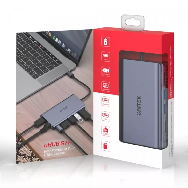 USB-C stotelė UNITEK uHUB S7 pilka