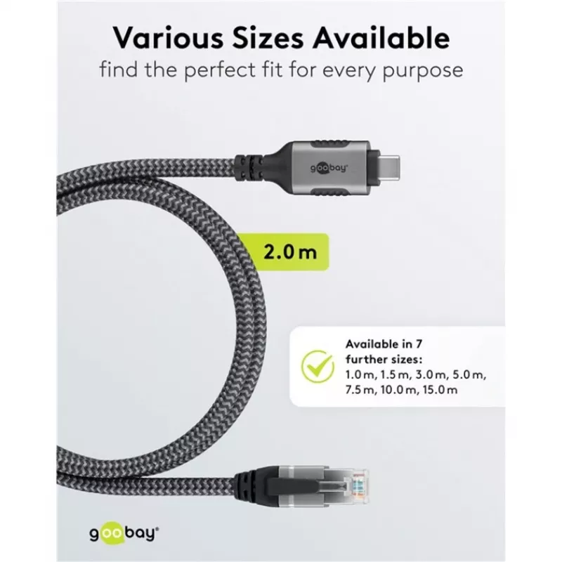 Ethernet laidas USB-C 3.2 Gen2 kištukas > RJ-45 kištukas, LAN adapteris juodas/sidabrinis, 2 metrai, pintas tekstilinis apvalkalas