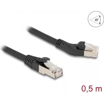 DeLOCK RJ45 Cat.6A S/FTP tinklo kabelis 45° kairėn lenktas į tiesų 0,5 m juodas