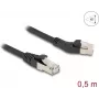 DeLOCK RJ45 Cat.6A S/FTP tinklo kabelis 45° kairėn lenktas į tiesų 0,5 m juodas