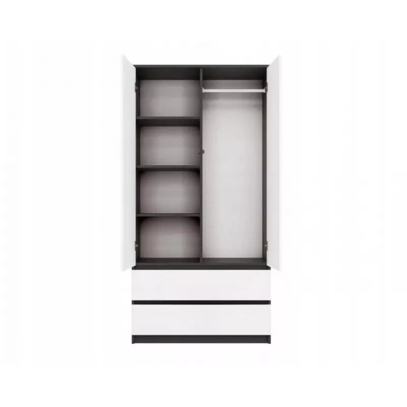 Spinta MALWA SS-90 90×180×50 cm, antracitinis rėmas, balti varstomi durys, 2 stalčiai, laminatas 16 mm