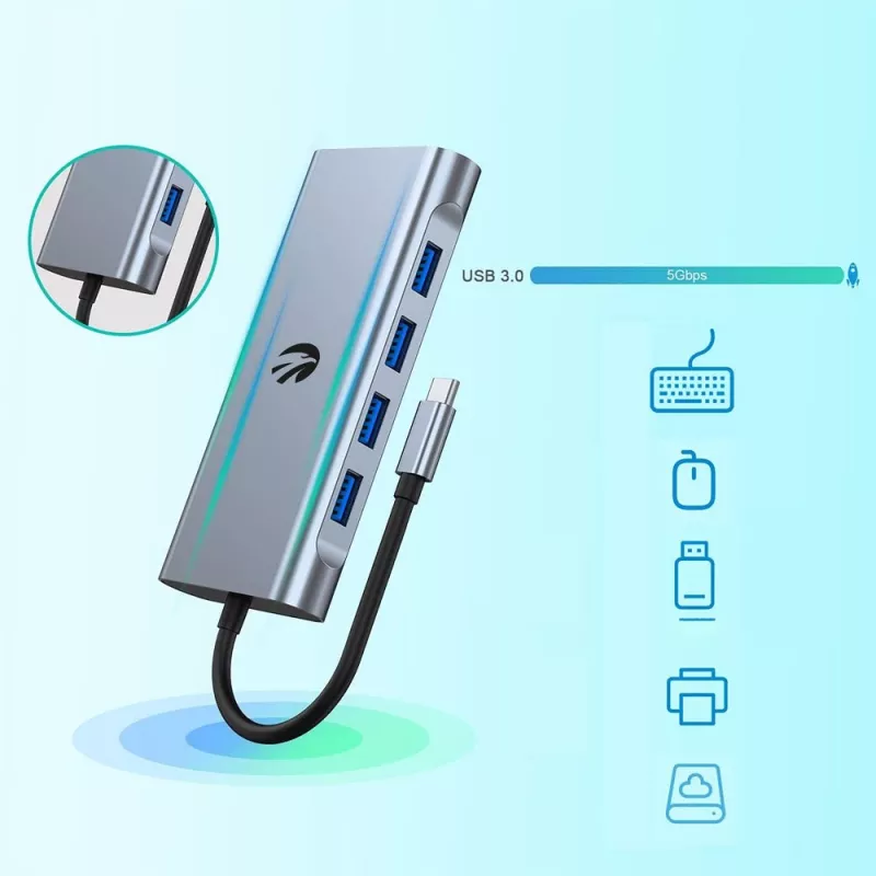 USB-C adapteris Hawk HW-HUB801 8 viename su HDMI ir Ethernet