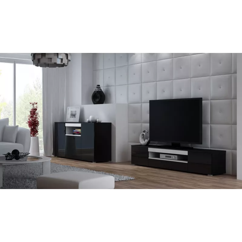 TV stovas cama meble VIVA 180 – 1800×400×370 mm, juodas viršus, juodas rėmas, balti akcentai