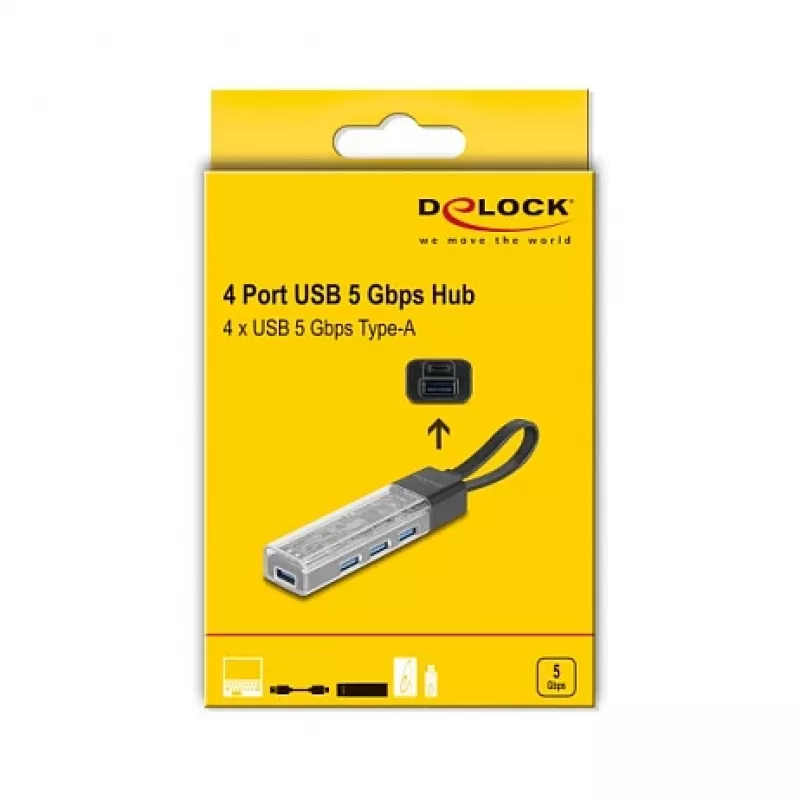 DELOCK USB 3.2 Gen 1 4 prievadų USB šakotuvas su Type-A + Type-C jungtimi (5000 Mbit/s) juodas/permatomas