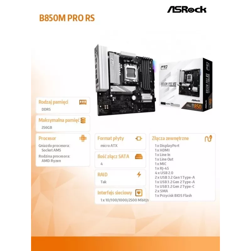 ASRock B850M Pro RS AM5 Micro-ATX pagrindinė plokštė