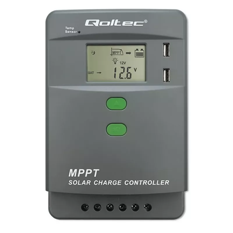 MPPT saulės baterijų įkrovimo valdiklis QOLTEC 10A 12V/24V su LCD ekranu