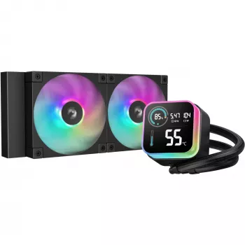 Skysčio aušinimo komplektas DeepCool LQ240 – 240 mm radiatorius, 2×120 mm PWM ventiliatoriai, RGB, vamzdelis 41 cm, aliumininis radiatorius, juodas