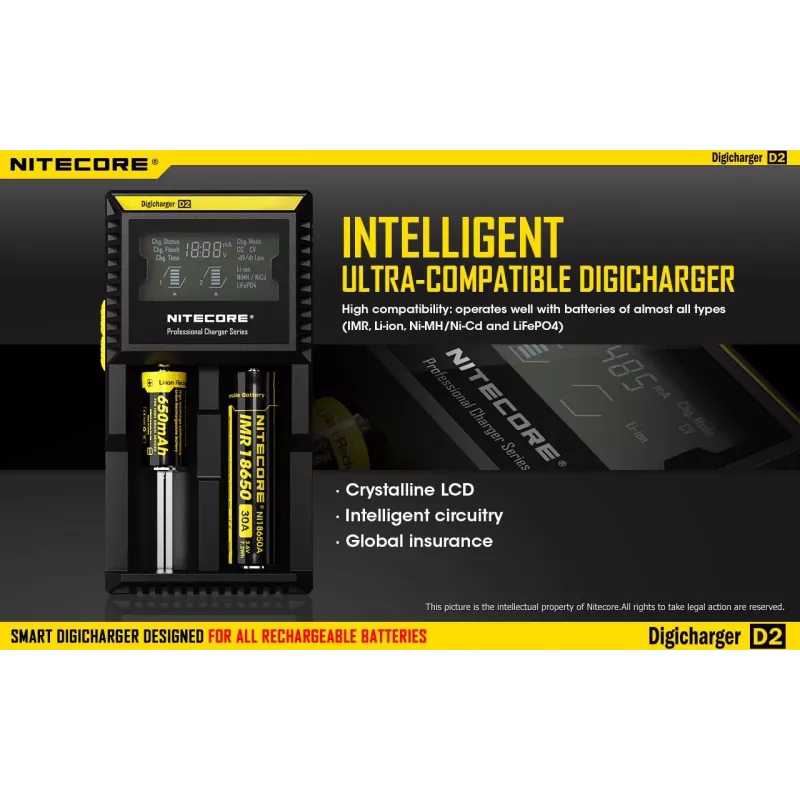 Nitecore D2 įkroviklis – 2 lizdai AA/AAA/AAAA/C baterijoms, 100–240V, 4,2V, juodas