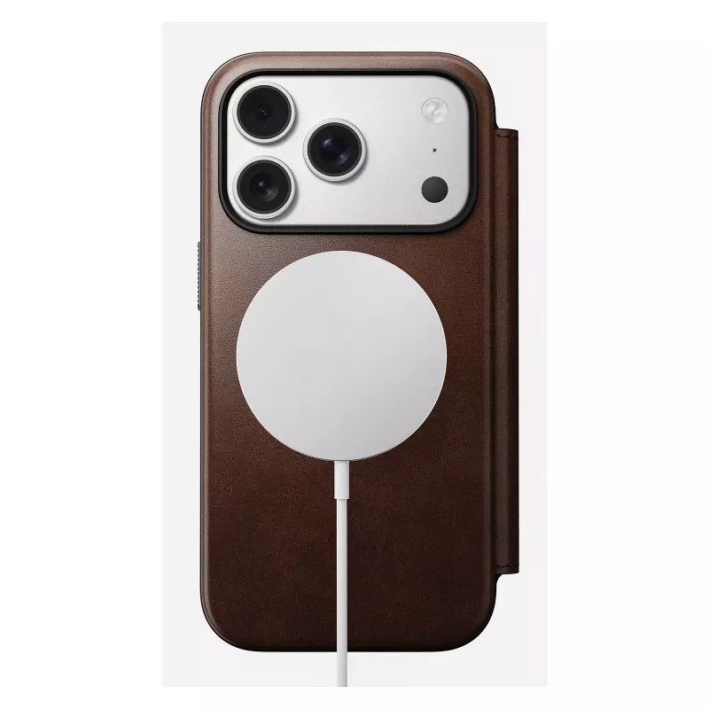 Mobiliojo telefono dėklas Nomad Modern Leather Folio, skirtas iPhone 17 Pro, oda/aliuminis, 16 cm (6,3 colio), rudas, 4 kortelių kišenės