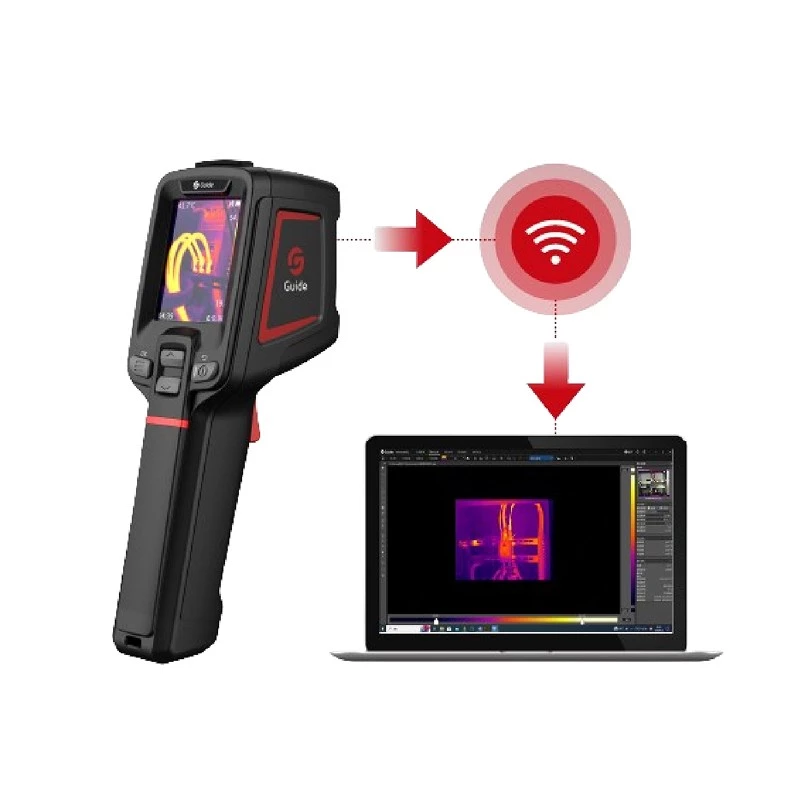 Termovizinis fotoaparatas Guide Sensmart E1+ — 120×90 px šiluminis jutiklis, 240×180 px maks., 2,4 colio LCD, Wi‑Fi, IP54, -20–550 °C