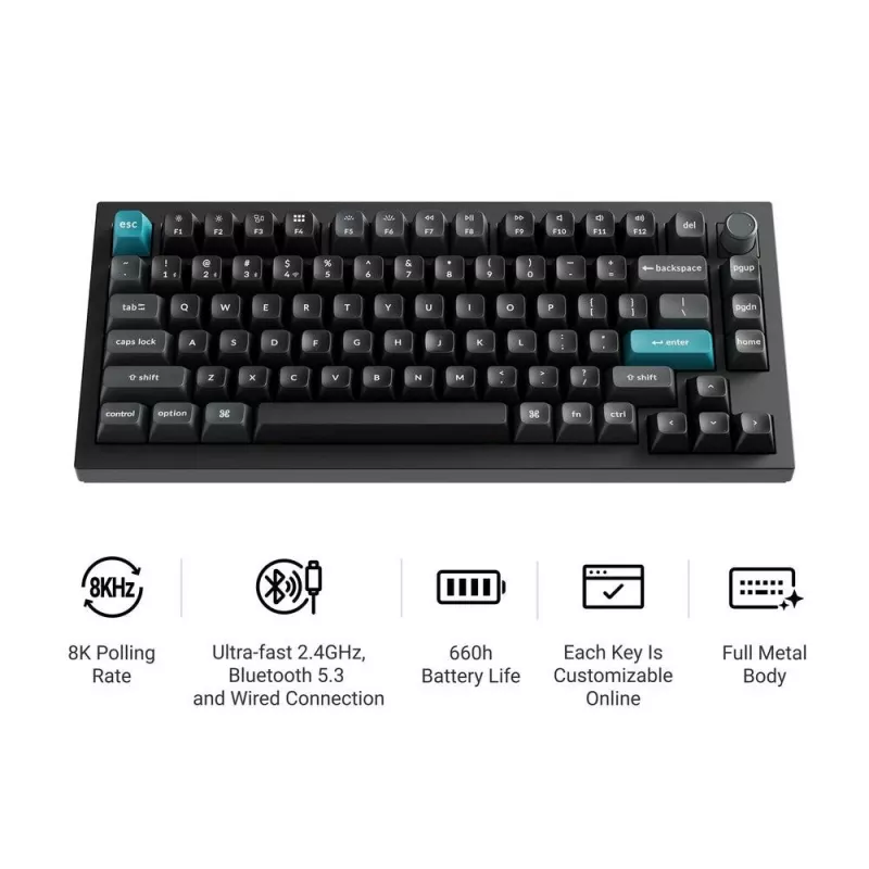 Mechaninė klaviatūra Keychron Q1 Ultra 8K – 75% forma, USB + RF belaidis + Bluetooth, RGB foninis apšvietimas, juoda