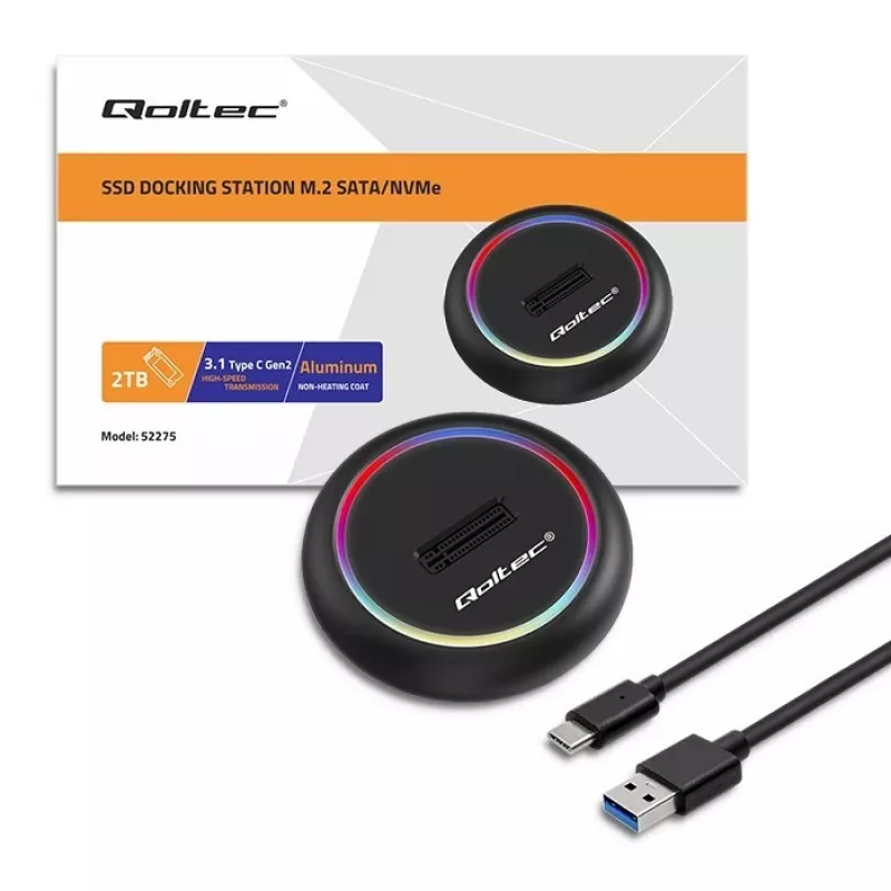 M.2 SSD dėklas QOLTEC 52275, skirtas SATA ir NVMe diskams, USB jungtis