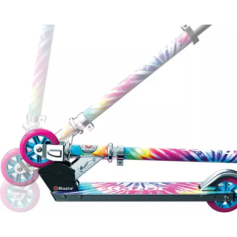 Vaikiškas paspirtukas Razor A Tie-Dye – aliuminis sulankstomas 2 ratų paspirtukas, reguliuojamas vairas, ABEC-5, maks. apkrova 65 kg