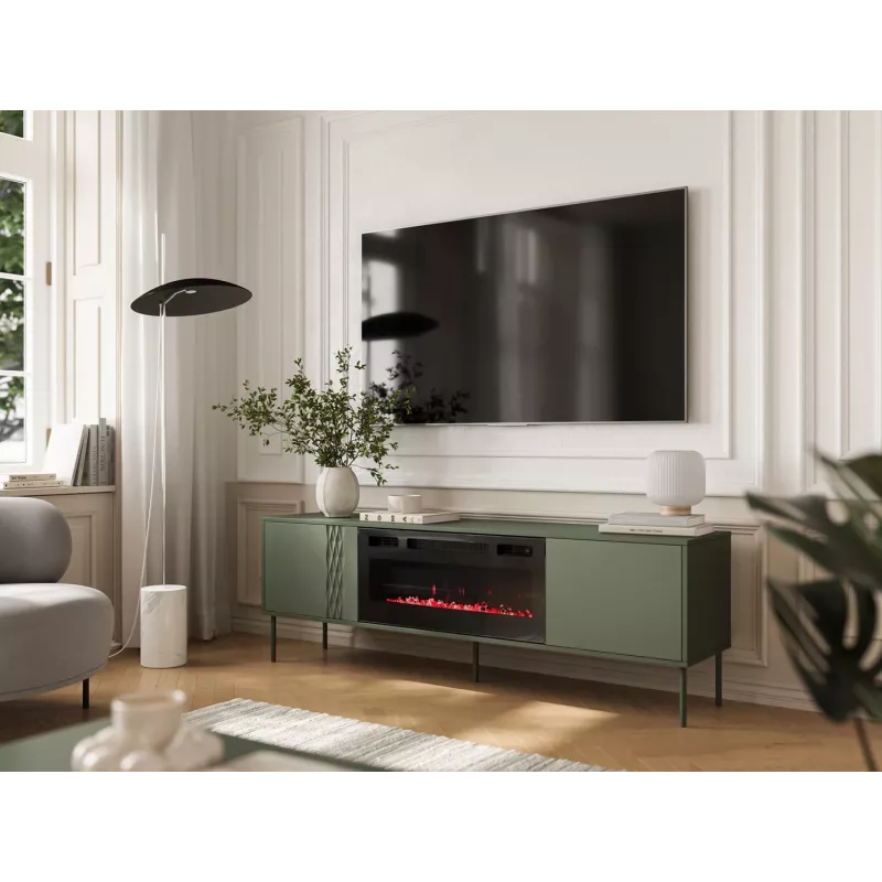 TV spintelė su židiniu Cama Meble TRESSE 180x40x54,5 cm – matinė žalia viršus, medžio drožlių plokštė