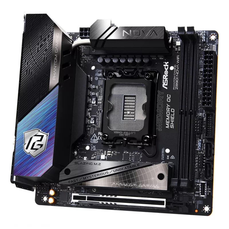 Pagrindinė plokštė ASRock Phantom Gaming Z890I Nova WiFi — Intel Z890, LGA 1851, mini ITX, DDR5, 2x M.2, Wi‑Fi 6E/7, 5Gb LAN, Thunderbolt