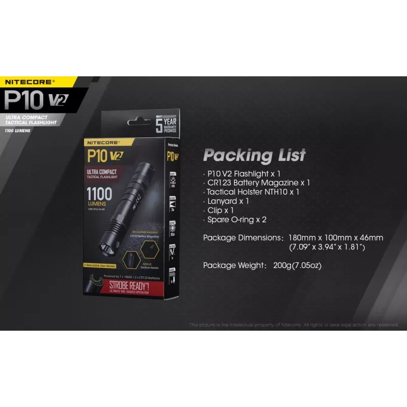 Taktinis žibintuvėlis Nitecore P10 V2 – 1000 lm, IP68, atsparus smūgiams, 95 g, 18650/CR123
