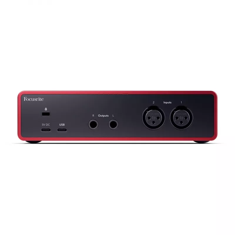 Audio sąsaja Focusrite Scarlett 2i2 4th Gen – 2 įėjimai / 2 išėjimai USB-C, 24 bitai / 192 kHz, 69 dB stiprintuvai, stalinė, juoda/raudona