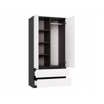 Spinta MALWA SS-90 90×180×50 cm, antracitinis rėmas, balti varstomi durys, 2 stalčiai, laminatas 16 mm