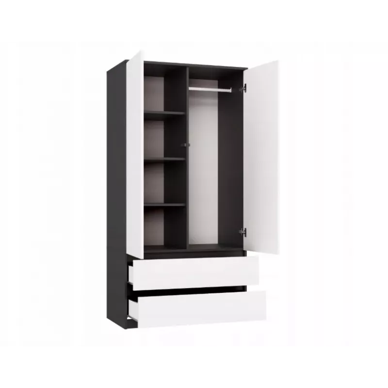 Spinta MALWA SS-90 90×180×50 cm, antracitinis rėmas, balti varstomi durys, 2 stalčiai, laminatas 16 mm