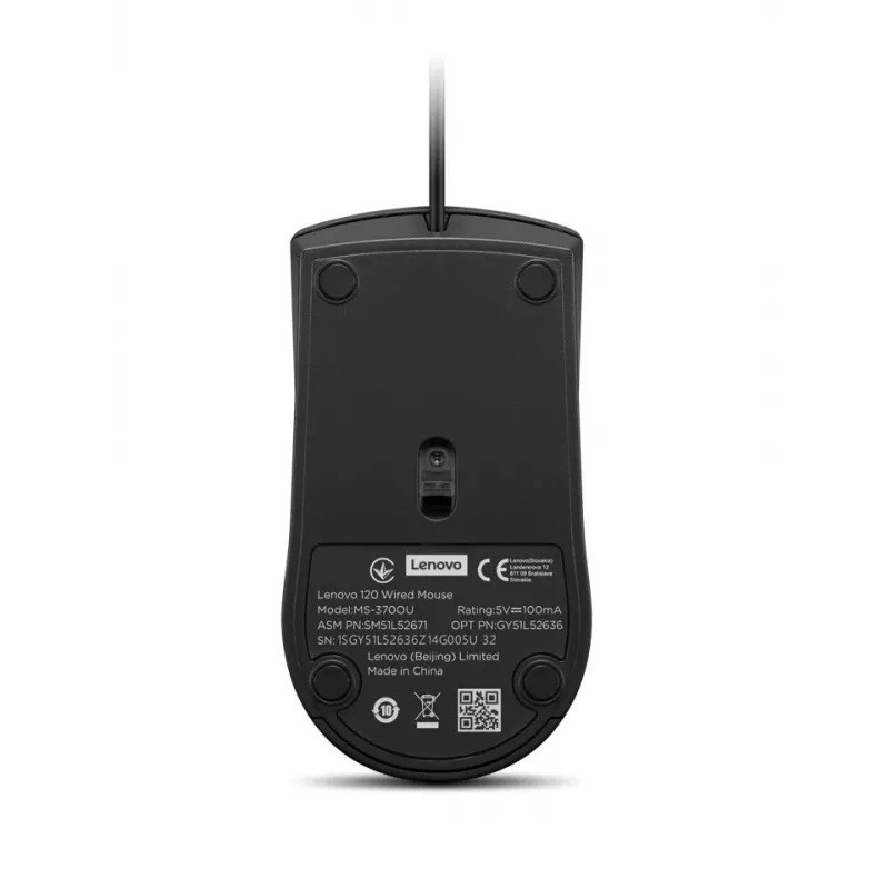 Laidinė USB-A pelė Lenovo 120 – Juoda, ambidekstrinė, 1600 DPI, 3 mygtukai, 1,5 m laidas