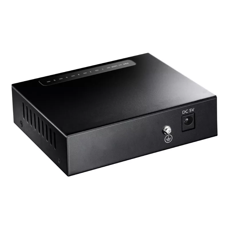 Tinklo jungiklis Cudy GS105 – 5 prievadų Gigabit Ethernet (10/100/1000), juodos spalvos, su 5 V DC maitinimo šaltiniu