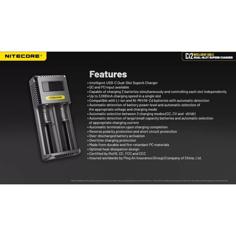 Įkroviklis baterijoms Nitecore Ci12 Universal USB Li‑Ion, NiCd, NiMH, 3A įėjimas 5/9/12V, plastikinis korpusas
