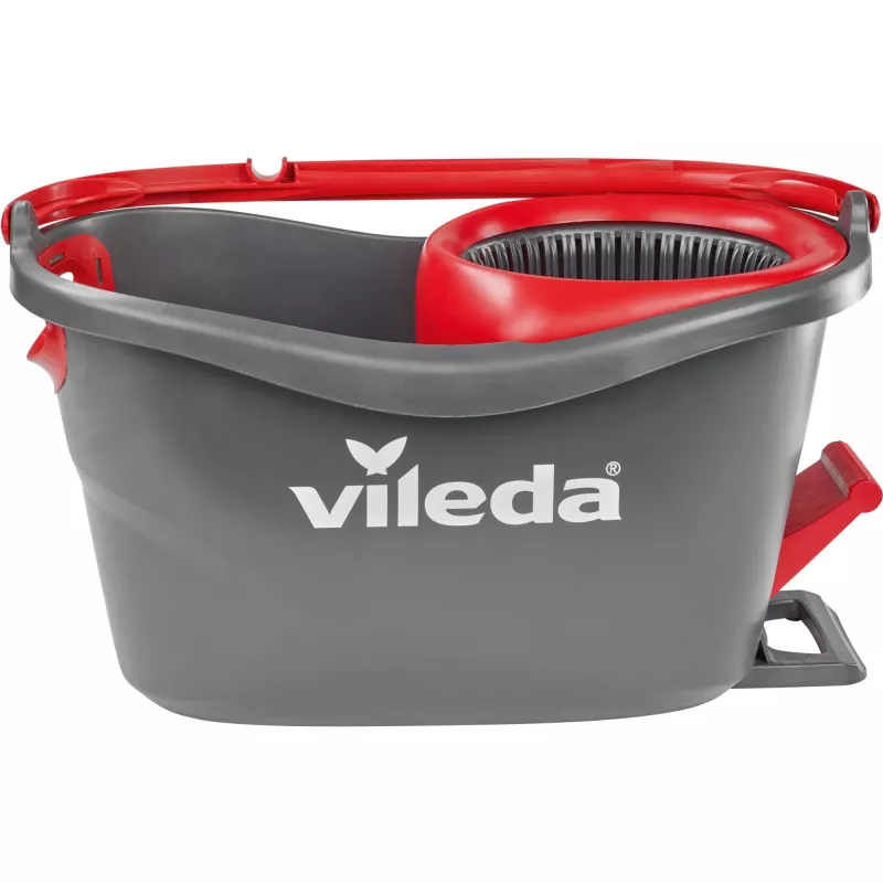 Vileda EasyWring & Clean Turbo šluota su kibiru, raudonas technopolimerinis kibiras, nuimama skalbiama mikropluošto galvutė, kietoms grindims