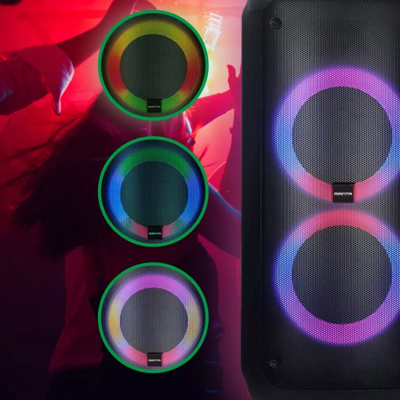 Nešiojamas garsiakalbis MANTA ATTIS SPK0802 120W, Bluetooth, laidinis įėjimas, įkraunamas, FM, LED lemputės
