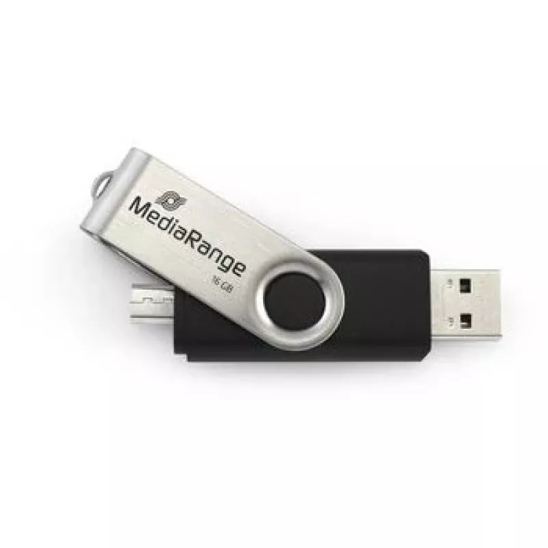 MEDIARANGE MR931-2 16 GB USB atmintukas su USB Type-A / Micro-USB, 2.0, 15 MB/s, pasukama kilpa, sidabrinis-juodas