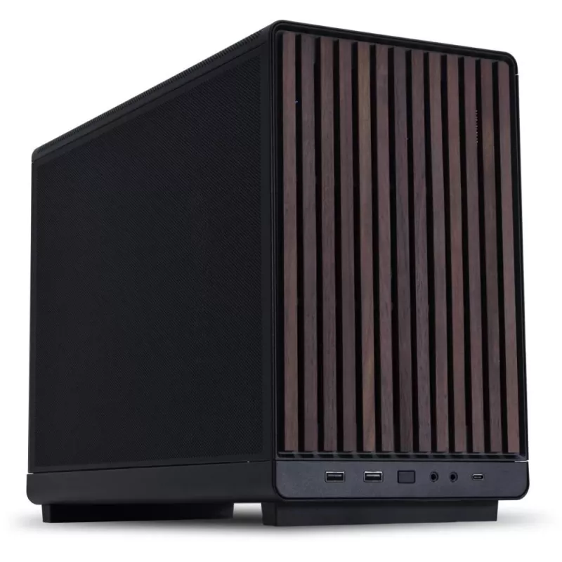 Korpusas Lian Li A3-mATX Micro Tower — Micro-ITX/Micro-ATX, mediena ir juoda, palaiko ATX/SFX/SFX-L maitinimo blokus