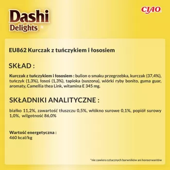 INABA Dashi Delights vištiena, tunas ir lašišos sultinys - skanėstas katėms - 70g
