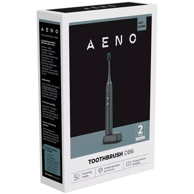 AENO Sonic elektrinis dantų šepetėlis DB6: juodas, 5 režimai, belaidis įkrovimas, 46000 aps./min., 40 dienų be įkrovimo, IPX7