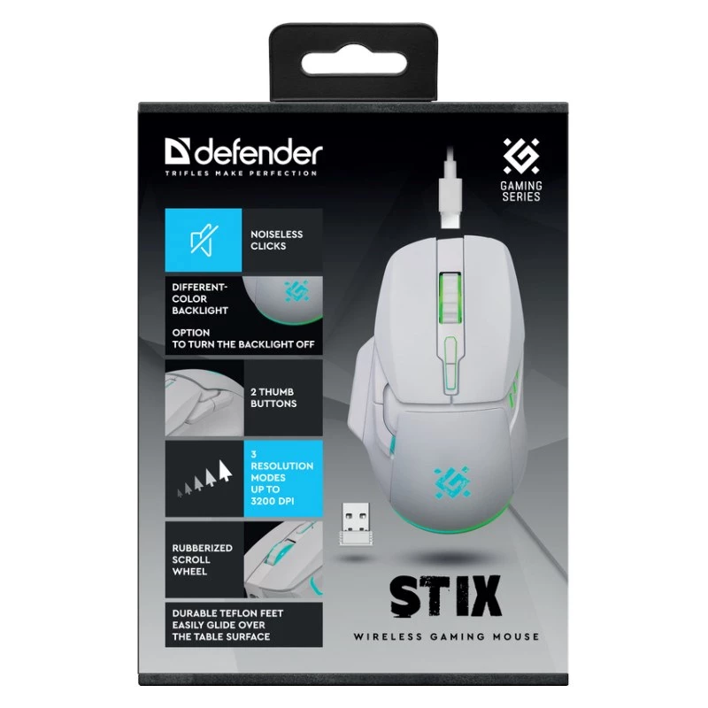 Belaidė pelė DEFENDER Stix GM-009 RF – optinė 3200 DPI, 6 mygtukai, abipusė, USB RF, maitinama baterija, balta
