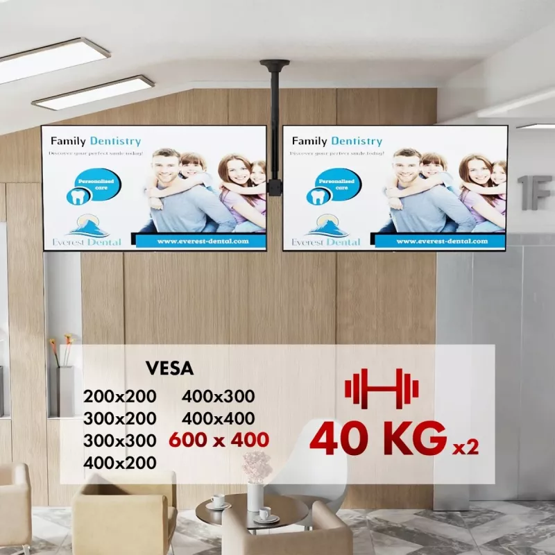 Lubinis laikiklis MACLEAN MC-111 B dviems televizoriams, maks. apkrova 2×40 kg, maks. VESA 600×400