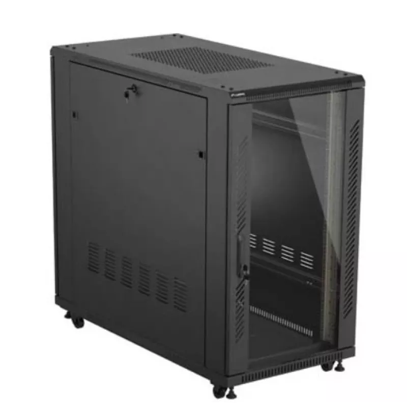Stovo spinta LANBERG FF01-6222-12B 22U 600x1200 mm juoda su stiklinėmis priekinėmis ir galinėmis durelėmis