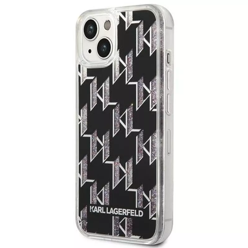 Karl Lagerfeld KLHCP14MLMNMK kietas dėklas, skirtas iPhone 14 Plus 6,7 inch, juodas/juodas Liquid Glitter Monogram