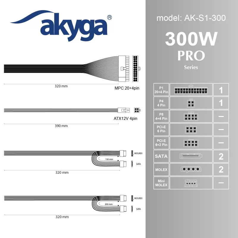 Akyga AK-S1-300 300 W SFX maitinimo blokas, pasyvusis PFC, 80 mm ventiliatorius, juodas